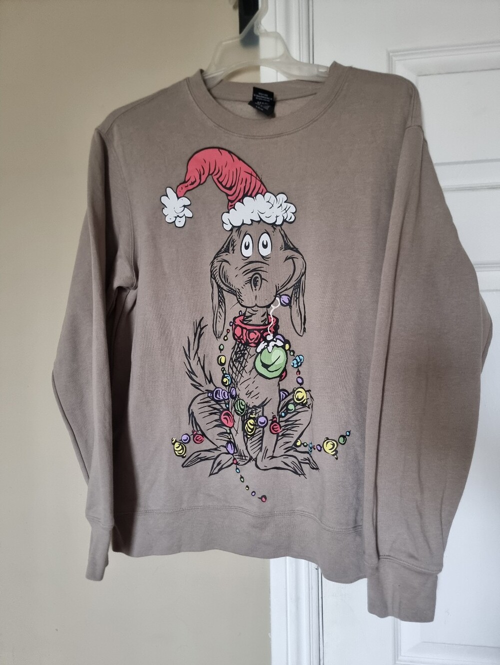 The Grinch Max Dog Christmas Mens Crewneck Sweatshirt  Graphic Size L Sand Color